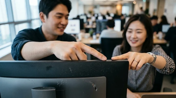 Two Korean colleagues pointing near an out-of-focus monitor bezel in an office.