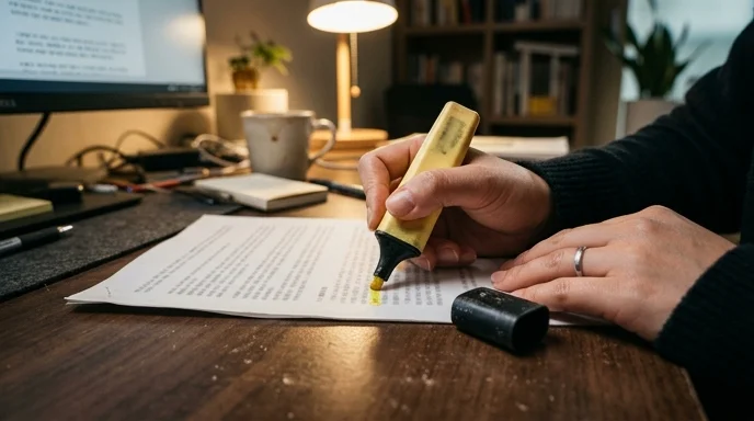 Close-up of a Korean editor's hand highlighting a printed document on a cluttered desk.