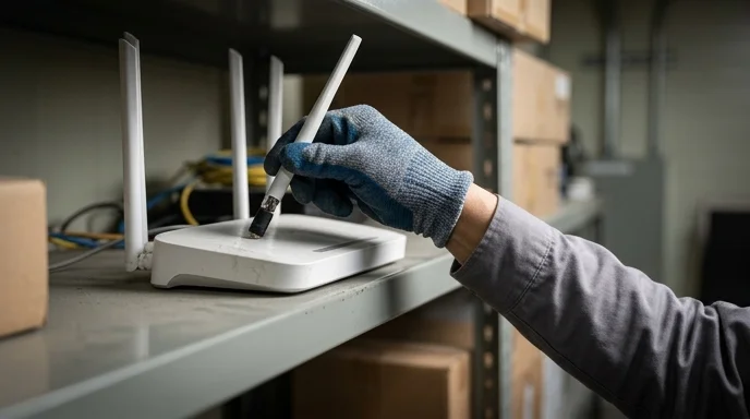 A Korean technician's gloved hand adjusting the antenna of a scratched wireless router on a high shelf.