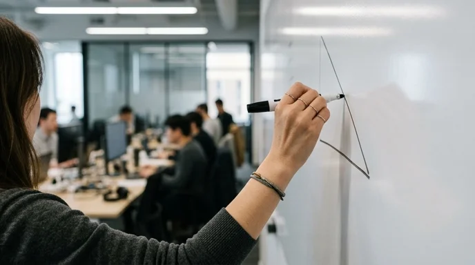 A Korean data analyst's hand using a dry-erase marker to draw on a blank whiteboard.