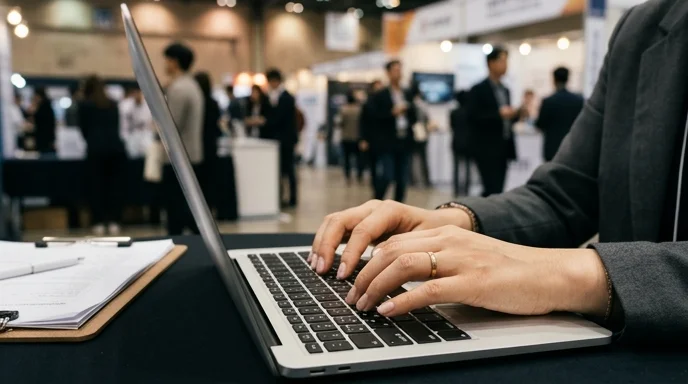 A marketer's hands typing on a metallic laptop keyboard on an event table with a clipboard.
