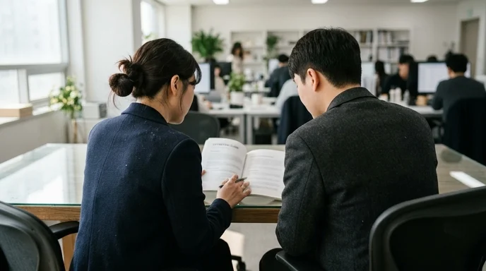 Two Korean colleagues seen from behind sit at a desk reviewing a blurred printed manual.