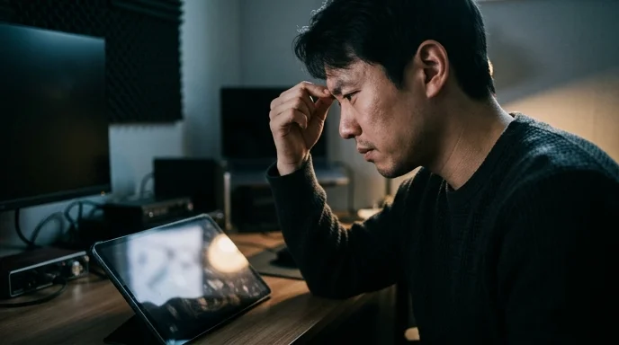 A creator's silhouette pinching his forehead next to a blank smudged tablet in a dimly lit room.