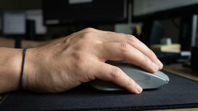 Close-up of a Korean analyst's hand resting on a worn wireless mouse.