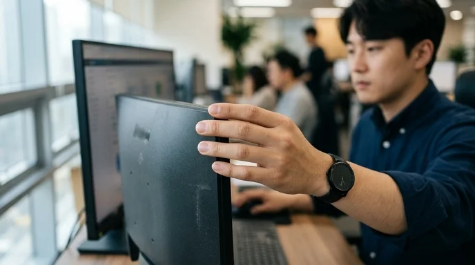 A hand touching the edge of a monitor bezel in an office setting.