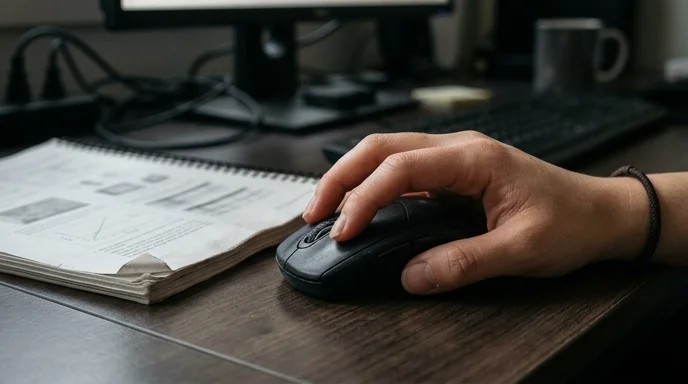 Beside a manual, a Korean hand rests on a computer mouse on a dark desk.