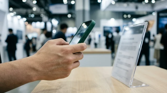 A visitor holding a smartphone to capture a clear acrylic stand on an exhibition table.