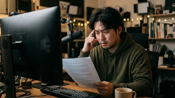 A Korean creator pressing his temples in front of an out-of-focus monitor.