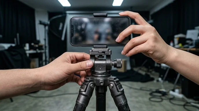 Two Korean hands securely attach a smartphone onto a metal tripod base.