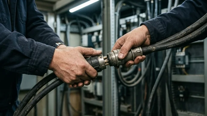 An engineer's hands firmly connecting two thick industrial power cables.