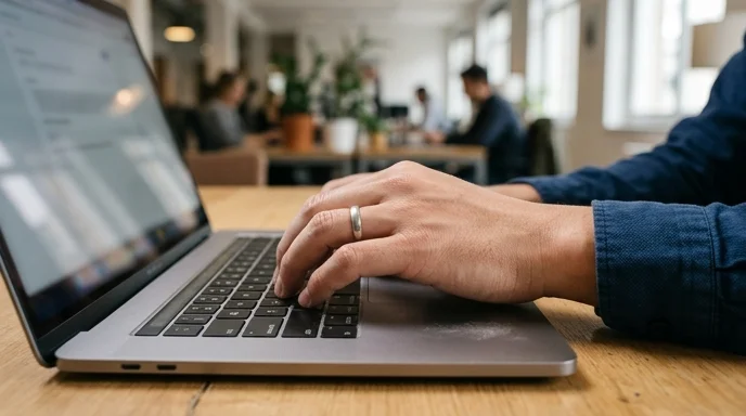 A Korean marketer's hand typing on a matte silver laptop keyboard on a wooden desk.