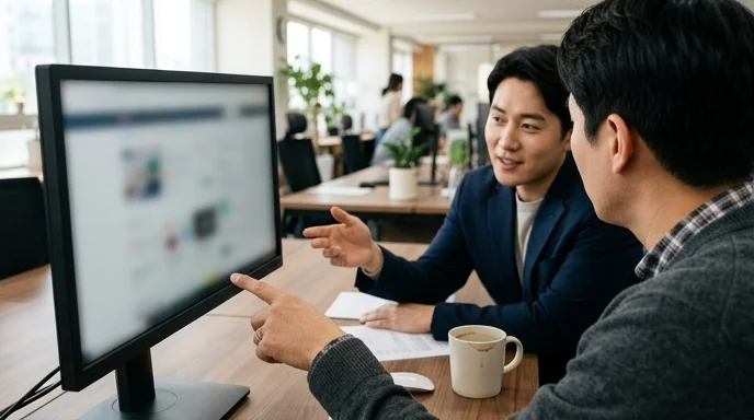 Two Korean colleagues discussing over a desk, seen from behind the shoulder.