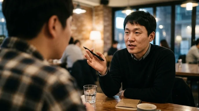 Two Korean colleagues discussing at a table, viewed from over the shoulder of one person with a pen.