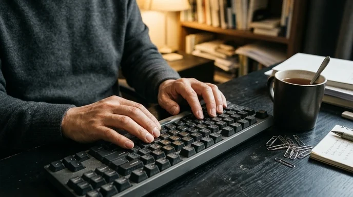 Two hands of a Korean writer type on a mechanical keyboard with worn keys on a black desk next to a cup of tea.