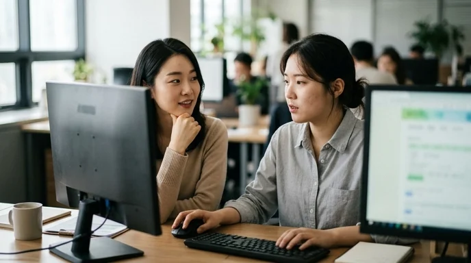 Two Korean marketers discussing together, one looking over the shoulder at a blurred monitor screen.