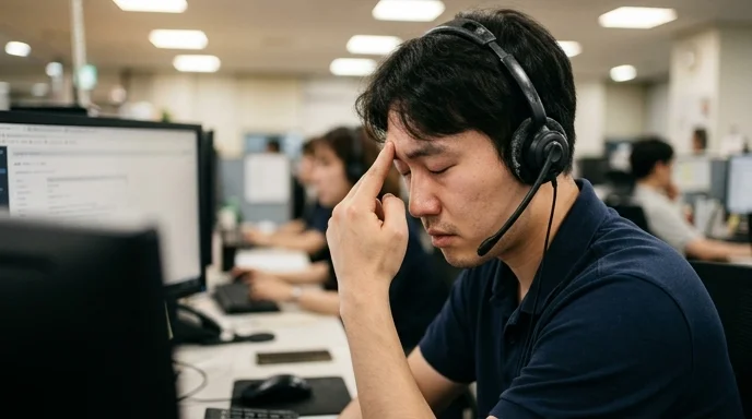 A Korean support agent wearing a headset pressing his temple while looking at a blurred monitor.