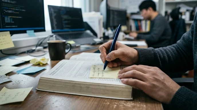 Two hands of a Korean developer writing on a sticky note placed on a thick technical book.