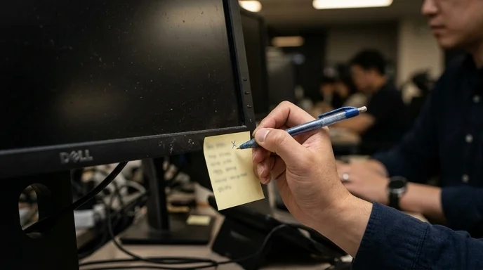 A Korean employee's hand adding a mark to a blurred sticky note on a monitor bezel.