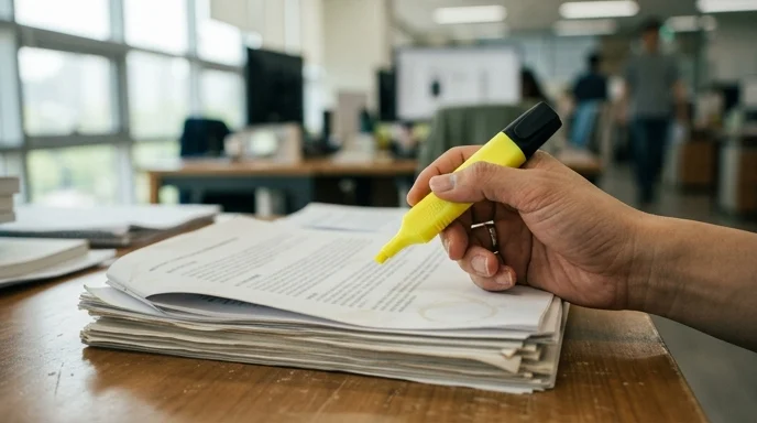 A Korean marketer's hand holding a highlighter over out-of-focus printed reports on a desk.
