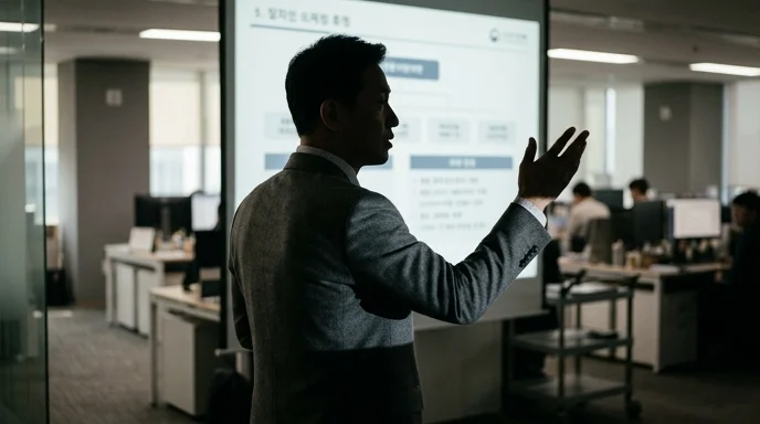 A silhouette of a Korean manager gesturing while standing with his back to a projector.