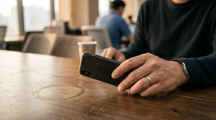 A Korean employee's hand holding a scuffed, unbranded smartphone on a meeting table.