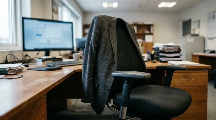 An empty office chair with a jacket draped over it next to a cluttered desk.