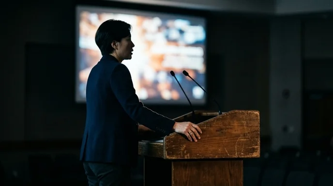 Silhouette of a Korean presenter resting a hand on a worn podium in front of a projector beam.