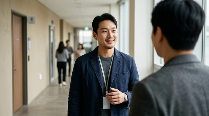 A Korean worker talking with a colleague in a hallway viewed from over the shoulder.