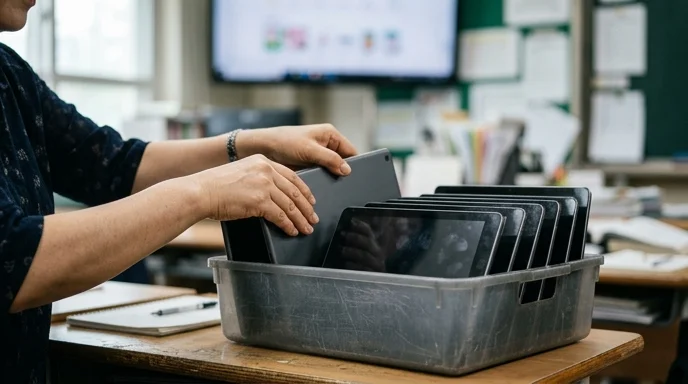 A Korean teacher's hands arranging multiple smudged tablets inside a scratched plastic storage basket on a desk.