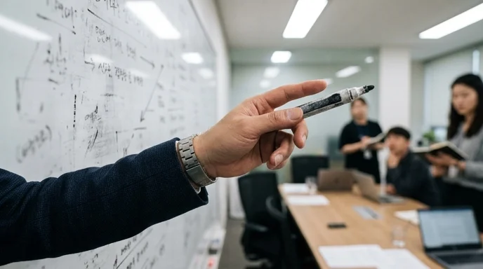 A Korean marketer's hand pointing at an out-of-focus whiteboard with a faded marker.