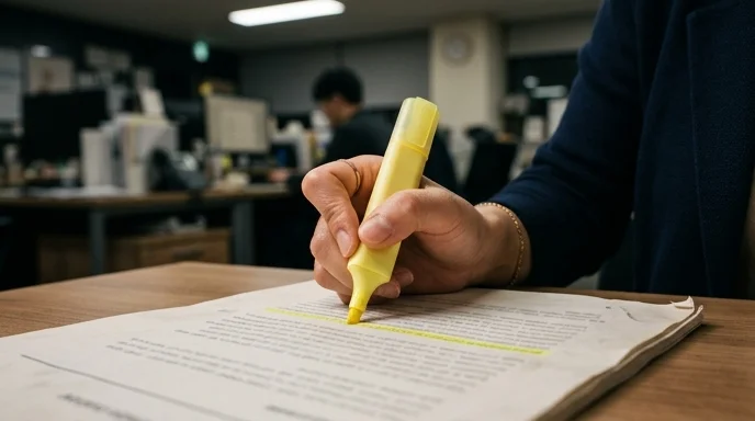 A Korean marketer's hand highlighting a printed document with dog-eared corners.