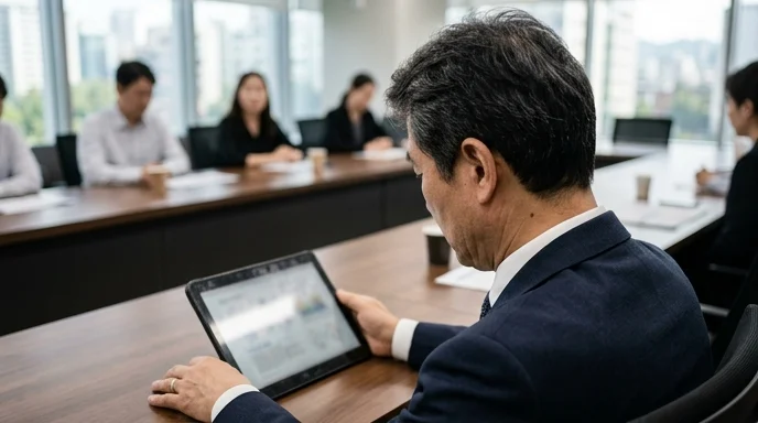An executive viewed from behind looking at an unbranded tablet in a meeting room.