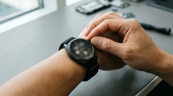 A hand adjusting a smartwatch on a wrist over a plain grey desk.