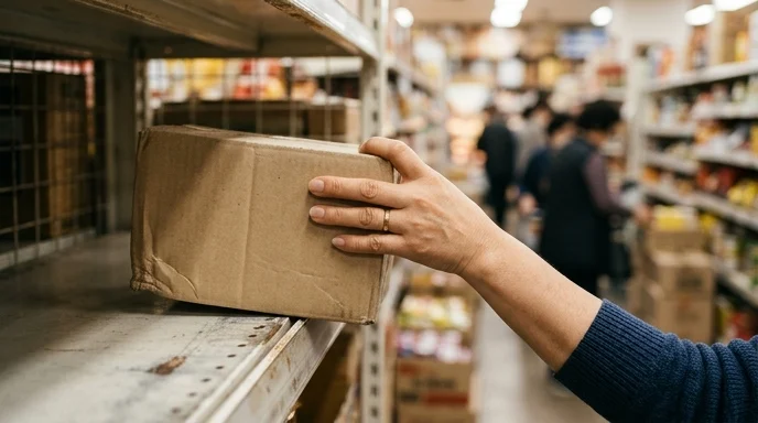A shopper's hand picking up the last unbranded box from a slightly worn metal retail shelf.