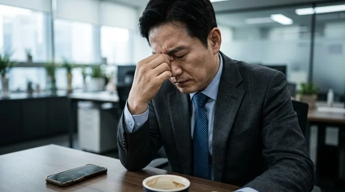 A frustrated Korean manager pressing his temples in an office, with a phone and a half-empty coffee cup on the desk.