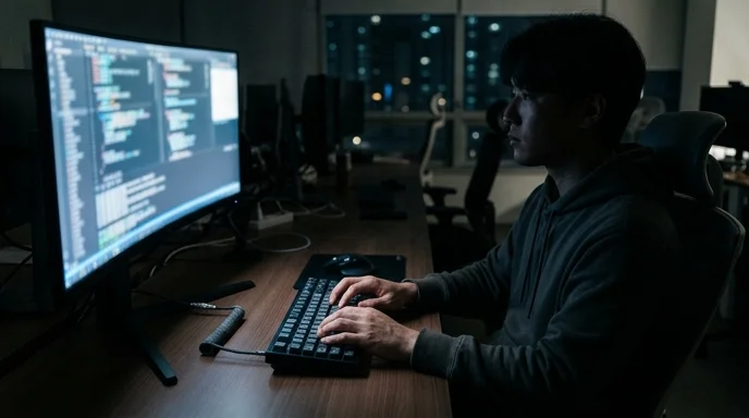 Silhouette of a Korean developer sitting in a dimly lit office looking at a glowing monitor.