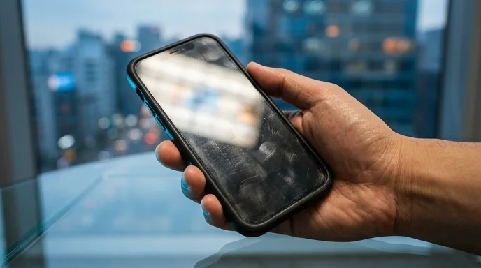 A Korean professional's hand holding an unbranded smartphone with a scuffed case.