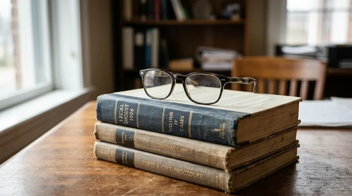 A pair of reading glasses resting on a stack of thick legal books on a desk.
