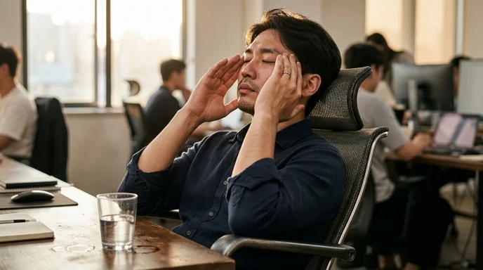 A Korean marketer pressing his temples with hands during a campaign meeting.