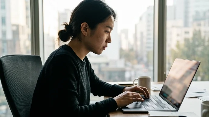 Silhouette of a Korean marketer sitting at a desk near a window, leaning toward a laptop with a blurred screen.