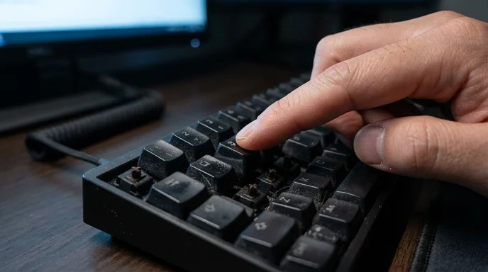A Korean developer's finger pressing the number pad on a black mechanical keyboard.