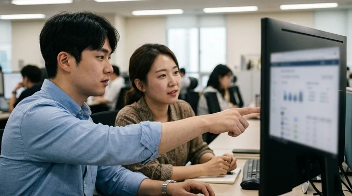 Two Korean marketers discussing while looking towards a blurred monitor in an office.