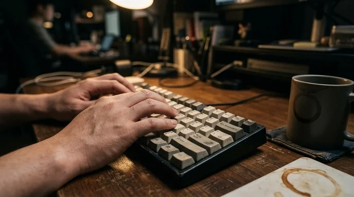 A Korean developer's hands hovering over a mechanical keyboard next to a coffee mug.