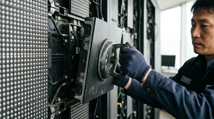 A Korean maintenance worker's hand using a worn suction tool to pull a front module off a display wall.