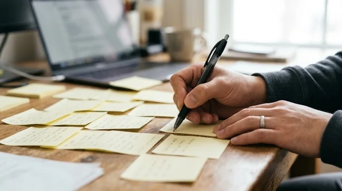 A Korean developer's hand using a pen on blank sticky notes spread across a desk.