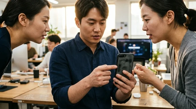 Two Korean professionals discussing over a shoulder in an office.
