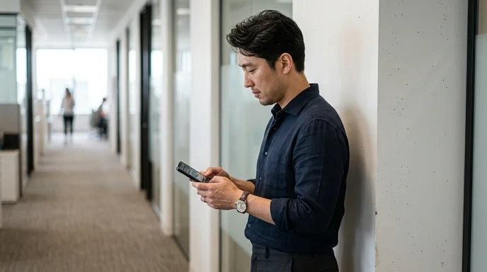 Viewed from the side, a Korean man stands in a bright corridor and checks a smartphone.