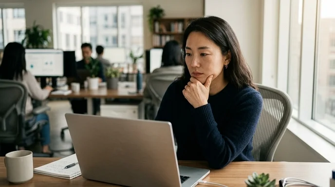 A Korean marketer resting her chin on her hand while looking at a laptop in an office.