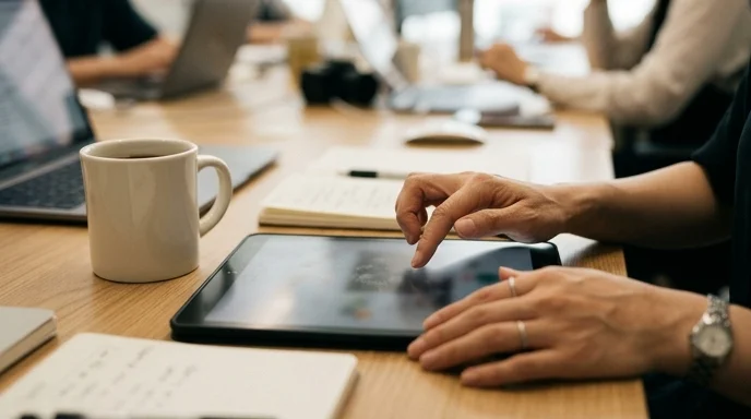 A Korean professional's hands swiping a tablet on a bright office desk.