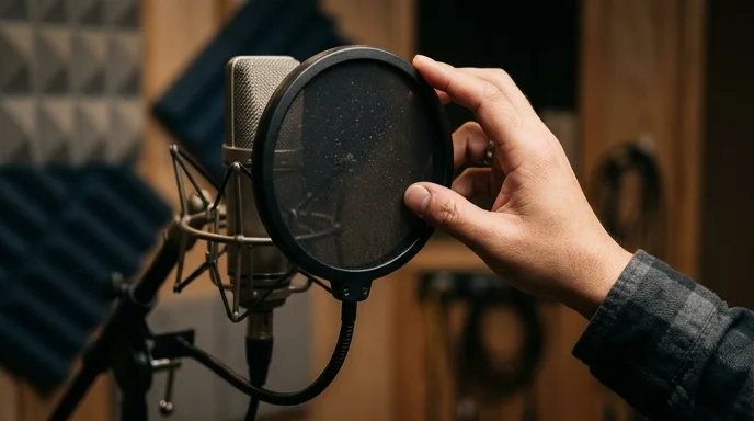 A Korean engineer's hand adjusting a pop filter in a vocal booth.